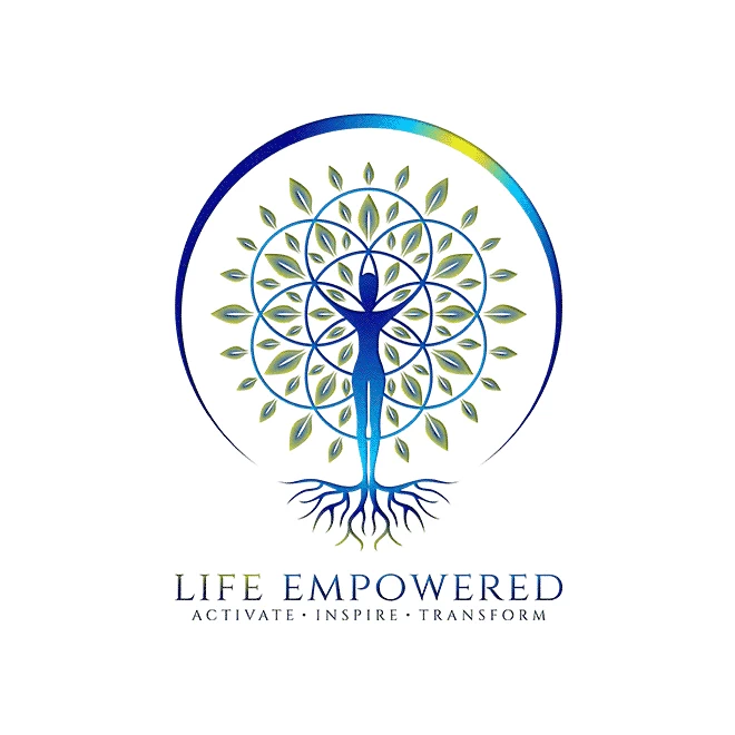 Logo of a person forming the Tree of Life with the Seed of Life sacred geometry