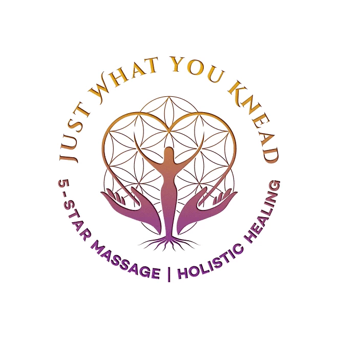 Logo with a woman with roots, heart, hands and the Flower of Life sacred geometry