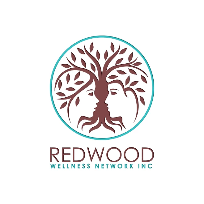 Circular logo of a tree with a man and a woman in negative space