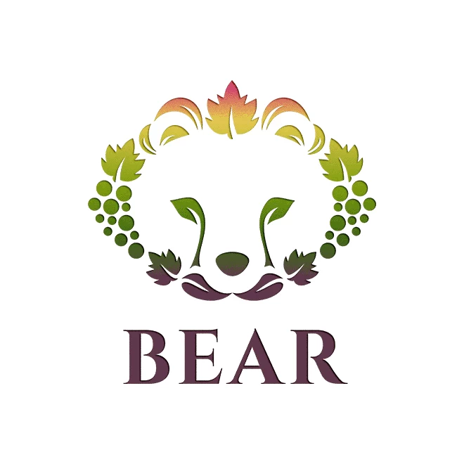 Logo of a bear face in negative space with grapes and leaves