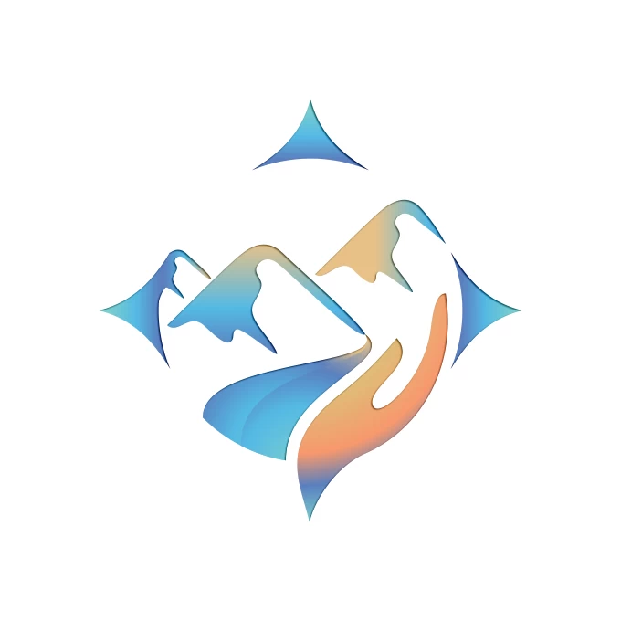 Compass Logo with mountains, river and hand available on LogoGround