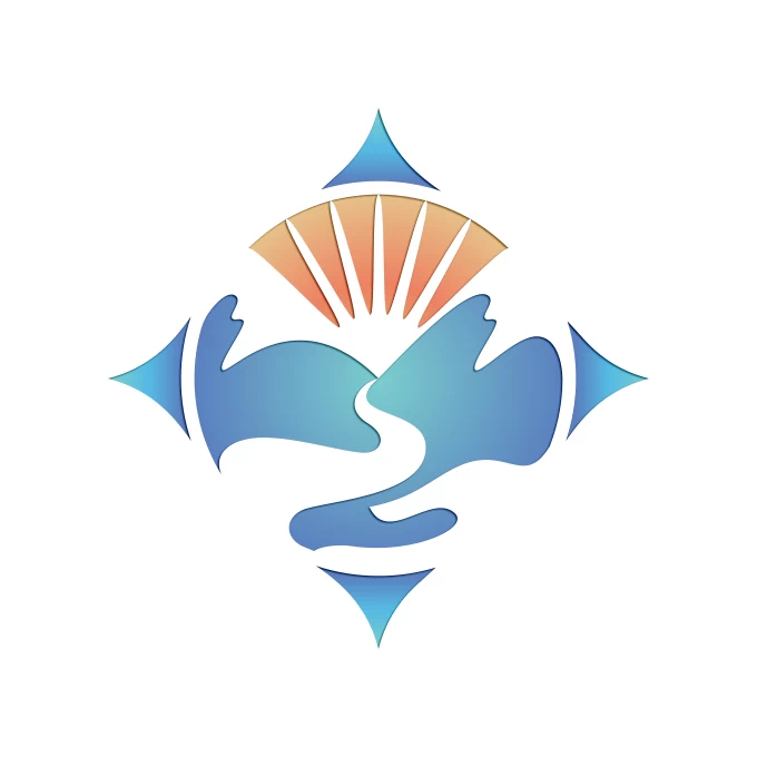 Compass Logo with mountains, river and sun available on LogoGround