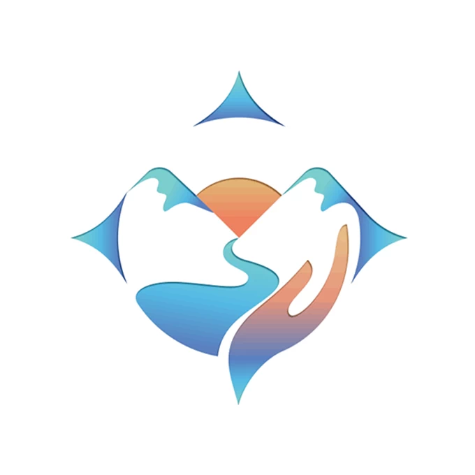 Compass Logo with mountains, river sunrise and hand available on LogoGround