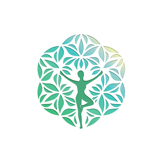 Circular logo of a person in yoga tree pose in the middle of the Flower of Life made of leaves available on LogoGround