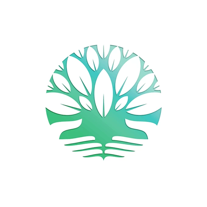 Circular, geometric logo of a tree with roots forming hands in negative space available on LogoGround