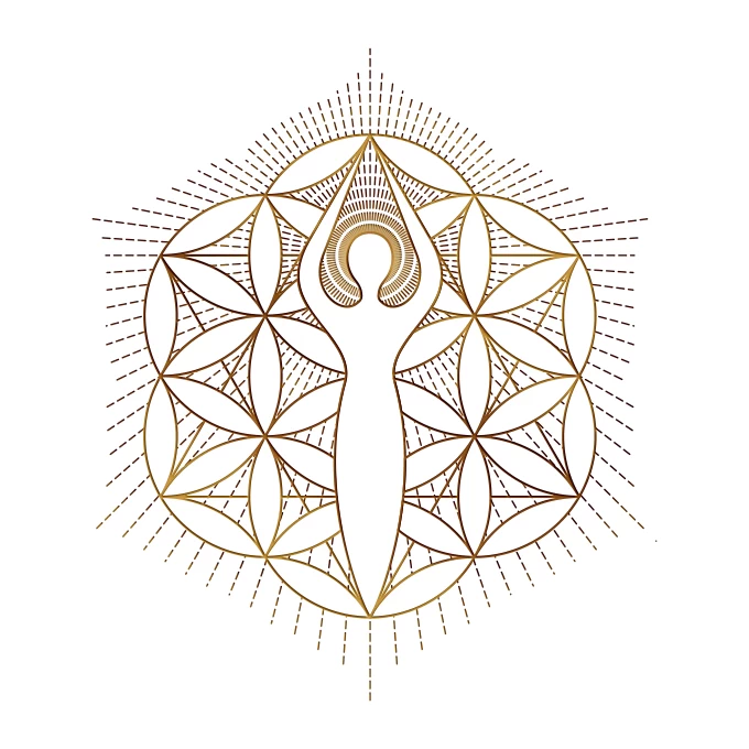 Wireframe logo of a radiant goddess in the middle of the Flower of Life available on LogoGround