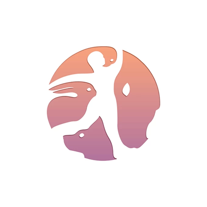 Circular logo of a man in negative space surrounded by a horse, a dog, a rabbit and a parrot available on LogoGround