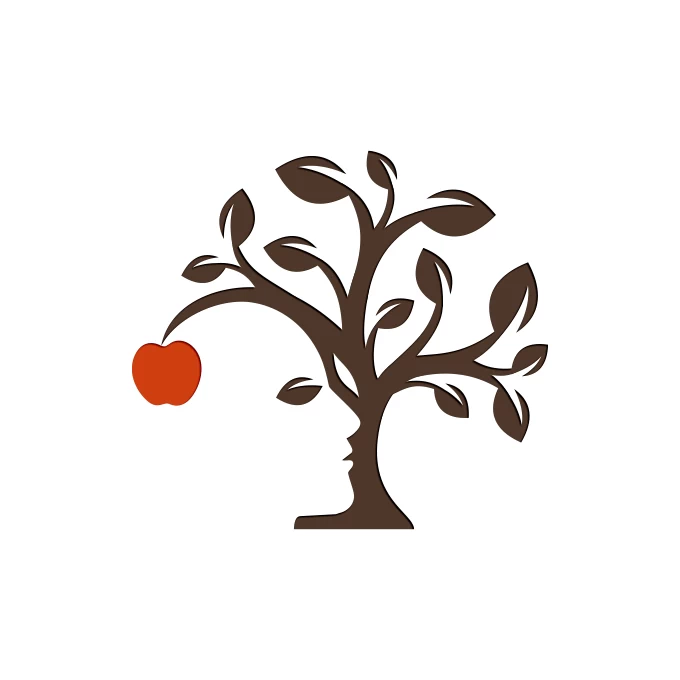 Logo of a tree with an apple and a man in negative space available on LogoGround