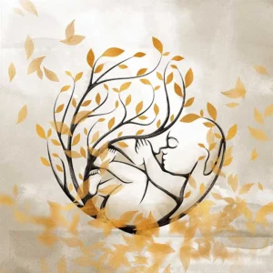 Watercolour-style illustration of a mother holding her baby inside a tree of golden leaves, from ArtFeel’s Enchanted Trees collection