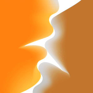 Minimalist, bold, abstract illustration of two faces forming a kiss in warm orange tones, from ArtFeel’s Hive of Graphics collection