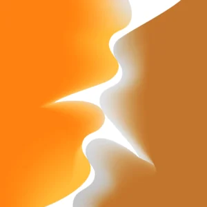 Minimalist, bold, abstract illustration of two faces forming a kiss in warm orange tones, from ArtFeel’s Hive of Graphics collection