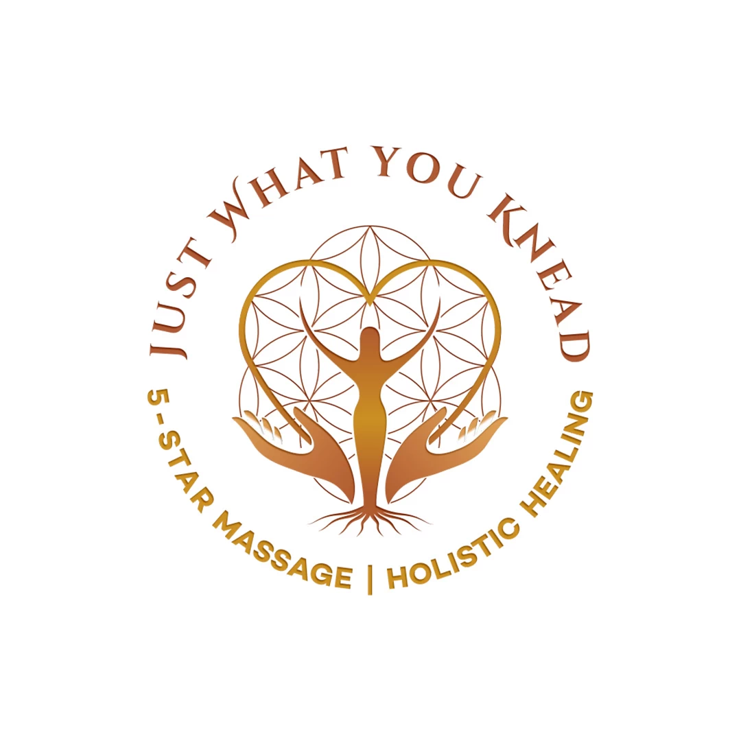 LOGO | BRANDING 13 Just Massage Logo with a woman with roots, heart, hands and the Flower of Life sacred geometry